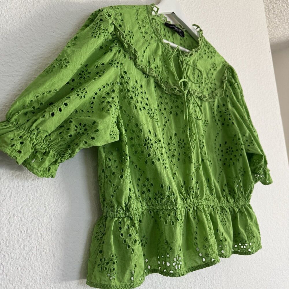 Marc New York 100% Cotton Sz XL Eyelet Boho Fairycore Romantic Blouse Lime Green - Picture 5 of 16
